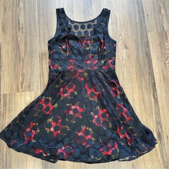 Betsey Johnson 10 Dress Floral Polka Dot Retro Rose Fit & Flare Mini Mesh Lace - Picture 1 of 11